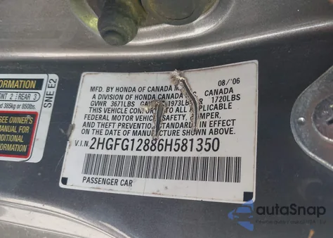 2006 Honda Civic Ex z USA, uszkodzony, nr VIN 2HGFG12886H581350